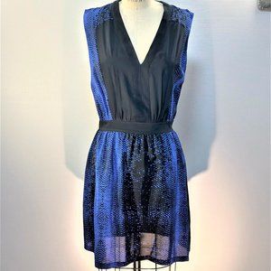 ROYAL BLUE/BLACK SILK PRINT DRESS; U.S.6